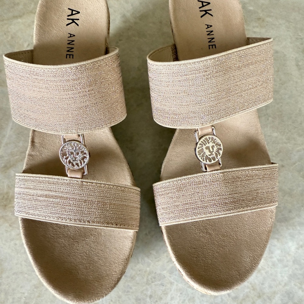 Anne Klein Tan and Gold Wedge Sandals